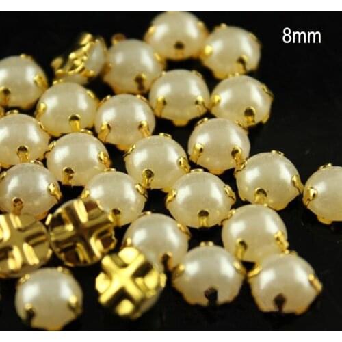 Free Shipping - 200 PCS Sewing On Ivory Pearls 8mm Half Round Pearl With Gold Base Cup,Sewing On Pearls For Wedding Shoes