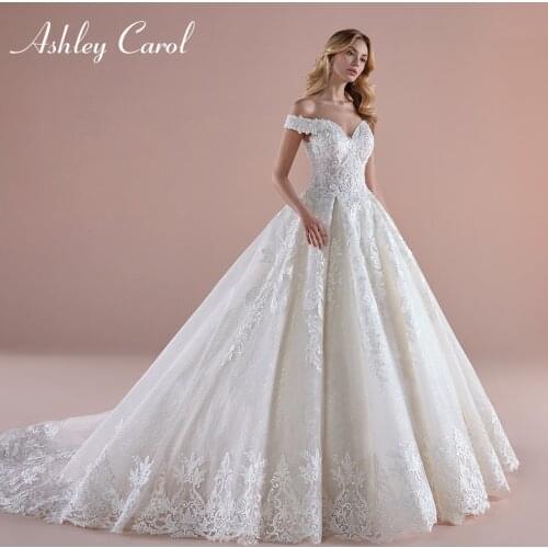 Ashley Carol Ball Gown Lace Wedding Dress 2021 Luxury Beaded Sexy Sweetheart Bride Dresses With Sleeves Princess Bridal Gowns