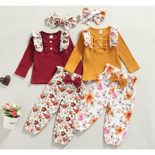 FOCUSNORM 1-5Y Lovely Baby Girls Clothes Sets 2 Colors Ruffles Long Sleeve Knit Tops Floral Pants Headband