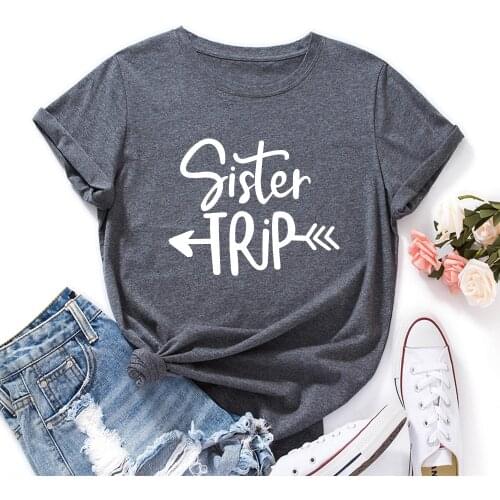 Sister Letter Print T-shirt Womens T Shirts Harajuku Cartoon Tops Funny Graphic Women Cute Kawaii Tees TX6000