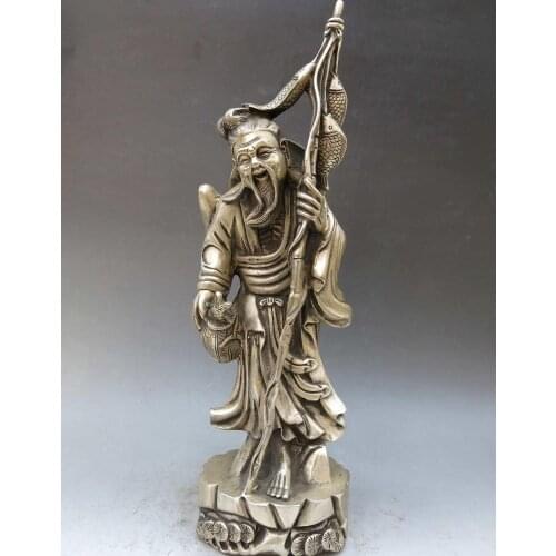 15" China silver handwork carved simple fine fish old fisherman sculpture Statue
