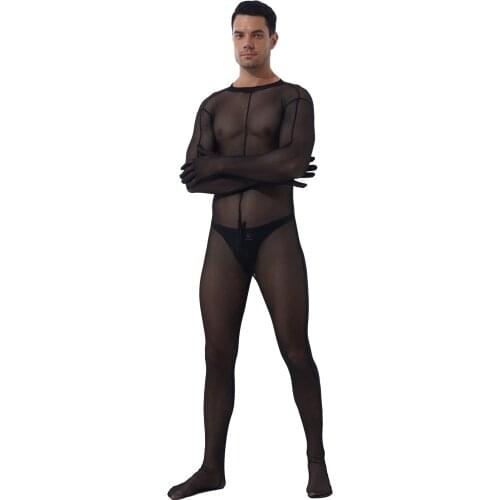 Gay Men Bodysuit Performance Costumes Transparent Mesh Bodystockings Jumpsuit Zipper Crotch Skinny Sissy Catsuit Sexy Clubwear