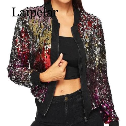 Autumn Winter Sequin Coat Bomber Jacket Women Outerwear Streetwear Long Sleeve Colorful Glitter Ladies Sparkly Jacket Female