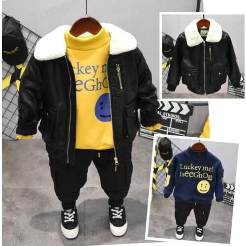 Children Kids Suits winter Baby boys clothes Plush PU jacket, Sweater,thick pants Toddler boy clothing sets Cute Kids clothes