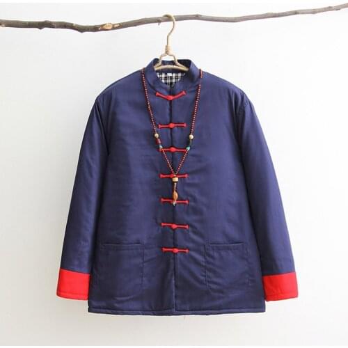 Mens 100% Cotton Wadded Jacket Traditional Chinese Clothes Han Suit Coat Kung Fu Tai Chi Uniform Thick Winter Jacket navy blue