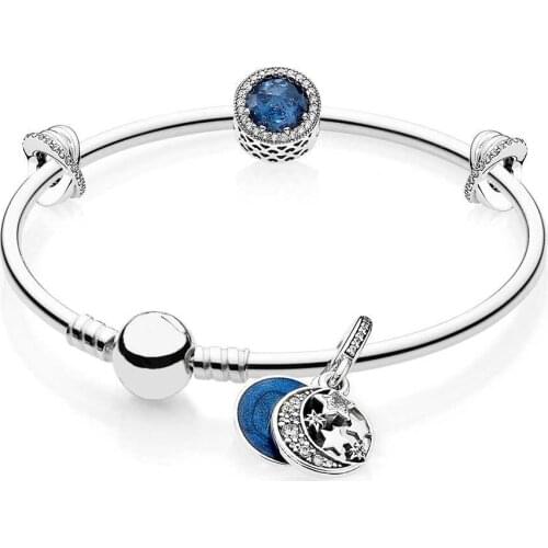 NEW 925 Sterling silver Vintage Galaxy Bangle Gift Set Clear CZ fit DIY Original charm Bracelets jewelry A set of prices