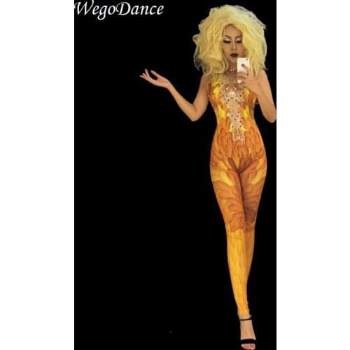 New sexy Yellow 3D Print Feather Sparkly Rhinestone Jumpsuit Nightclub Singer Performance Stage Wear woman freeshipping