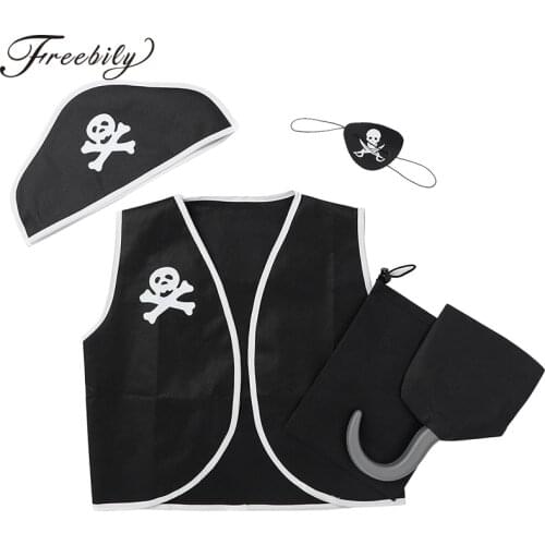 New Kids Pirate Costume Children Boys Halloween Anime Cosplay Dress Up Black Vest with Eyeshade Hat Pirate Hook and Bag Set