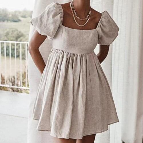 Summer Dress Female Dresses Elegant Cotton Flax Puff Sleeve Loose Khaki Women High Waist A-line French Dress Holiday robe femme