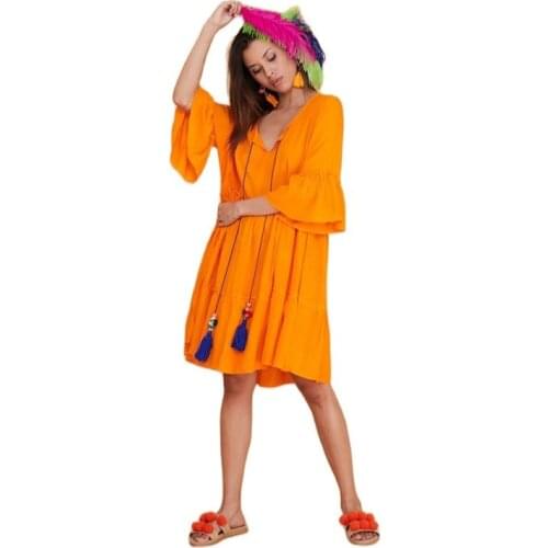 Tasseled Collar Viscose Fabric Boho Dress 2021 Authentic New Fashion Womens Clothing. Orange Navy Black Colors Xs To 4xl