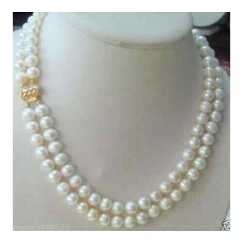2 Row Genuine 7-8MM White Freshwater Pearl White Plated Pendant Necklace
