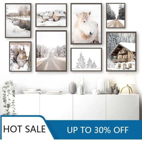Pony Squirrel Highway Winter Forest House Wall Art Canvas Painting Nordic Posters Print Wall Decor For Aesthetic Home Decoration