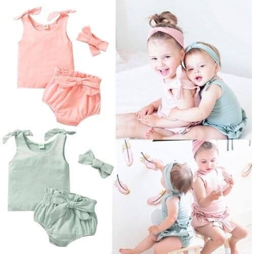 Pudcoco 3Pcs 0-3 Years Baby Girl Summer Solid Color Outfits Suit , Sleeveless Tie Knot Tank Top Vest + Bloomers + Headband Set