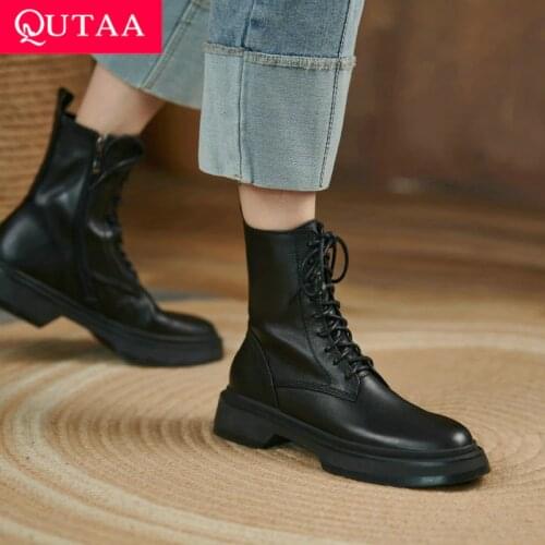 QUTAA 2022 Autumn Winter Round Toe Fashion Ankle Boots Lace Up Leather Women Shoes Square Heel Zipper Short Boots Size 34-39