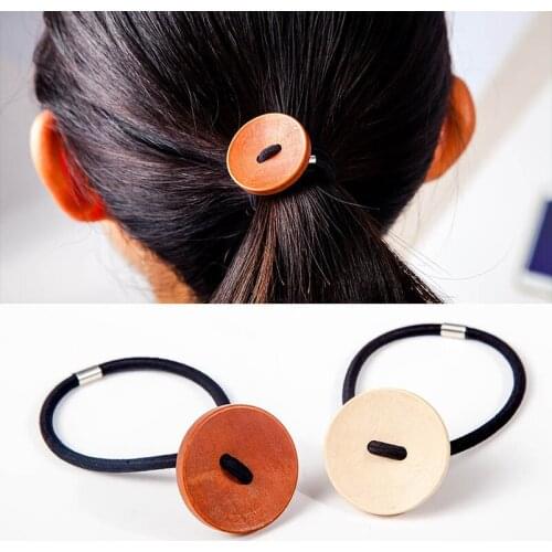 Brown White Wooden Button Elastic Hair Bands Ponytail Holders Headwear Hair Accessories for Women