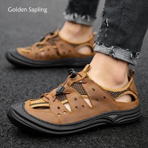 Golden Sapling Vintage Men Sandals Breathable Summer Leisure Shoes Genuine Leather Beach Mens Sandals Retro Fashion Casual Shoe