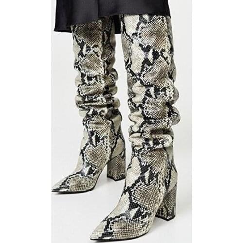Python Leather Square Heels Pleated Pointed Toe Knee High Boots Slip On Sexy Lady Night Club Long Boots Woman Free Shipping