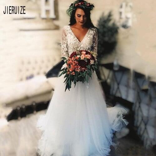 JIERUIZE Boho Backless Wedding Dresses V Neck Long Sleeves Appliques A Line Bride Dresses Tulle Wedding Gowns Vestido De Noiva