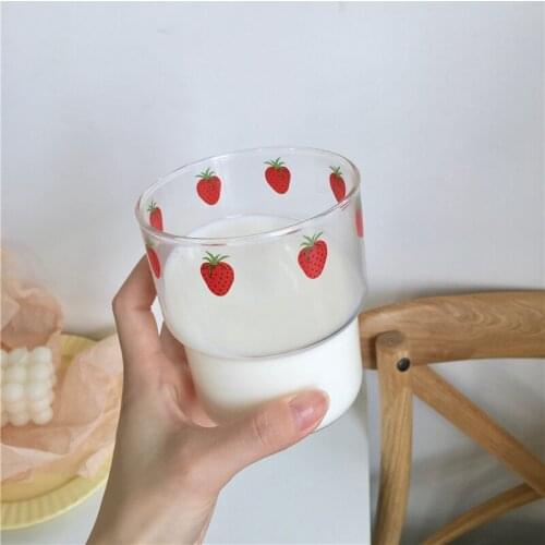 1/2pcs Strawberry Printed Glass Heat-resistant Coffee Mug Household Breakfast Milk Mug Juice Cup Home Drinkware Romantic Gift