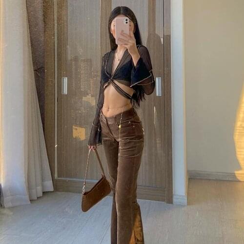 2021 Summer Mesh Midriff-baring Tops,Ladies Solid Color Sexy V-neck Perspective Tie Up Stringy Selvedge Long Sleeve T-shirt