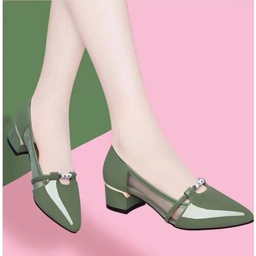Green Patent Leather Retro Pointed Toe Office Shoes Fashion Light Non-Slip Low-Heel Women Single Shoes Mesh Pumps Ladies Shoes
