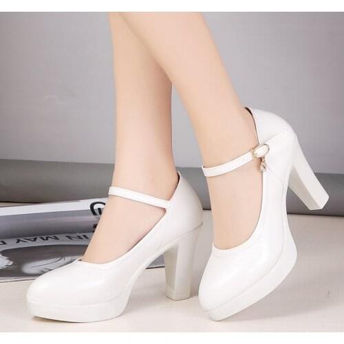 High heels platform pumps mujer 2019 spring new fashion buckle solid black shoes woman PU leather waterproof shoes tyh78