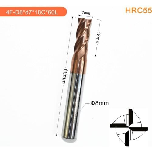 D8*d7*18C*60L-CNC Solid carbide milling cutter,HRC55 4 edges spiral flat bottom end mill,Tialn coated steel,iron cutting knife