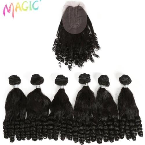 Magic 7PCS 14inches Afro Kinky Curly Hair Bundles With Closure Black Color Kanekalon Synthetic Hair Extensions Curly Hair