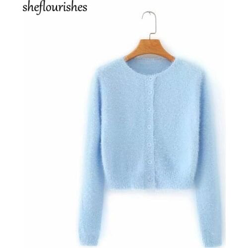 Knitted cardigan women kawaii sweater long sleeve o neck cropped cardigan green mohair sweater korean button up sweater blue