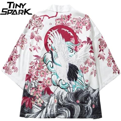 Japanese Style Kimono Jackets Crane Floral 2020 Men Harajuku Streetwear Short Jacket Casual Thin Gown Sweat Wear Japan Summer