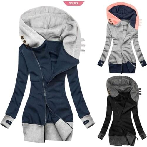 2021 Jacket Womens Autumn and Winter New Solid Color Hooded Long-sleeved Loose Pocket Zipper Ladies Coat