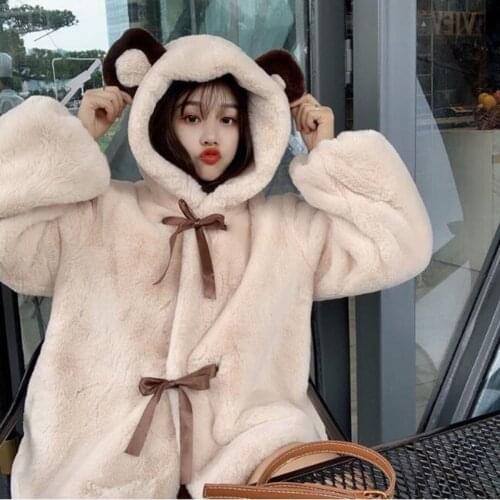 Women Cute Bear Ear Long Sleeve Fuzzy Fluffy Jacket Long Sleeve Tie-up Oversized Sweatshirt Kawaii Plush Coat Winter Outwear