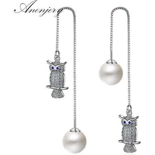 ANENJERY 925 Sterling Silver Earrings Mosaic CZ Zirconia Owl Pearl Long Tassel Earrings For Women oorbellen brincos S-E392
