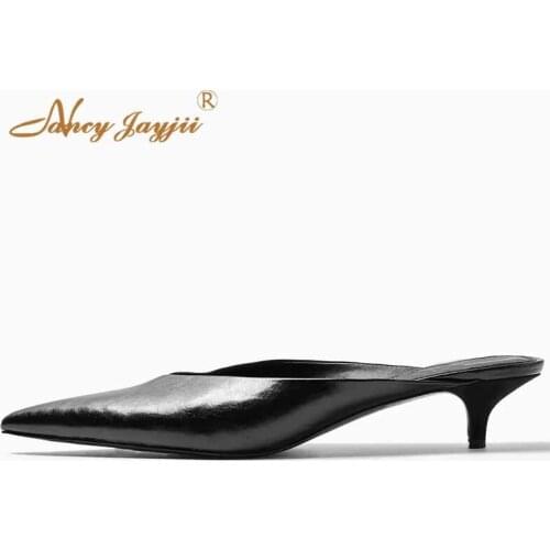 Black Silver Pointed Toe Med Thin Kitten Heels Slip On Mule Quilted Large Size 45 46 Woman Shoes Dress Party Casual Fashion 2019