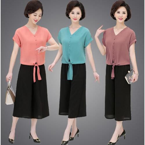 New 2020 Summer 2 Piece Set Womens Suit Short Sleeve T-shirt Tops+Wide Leg Pants Suits Clothes Women Plus Size Elegant Suits