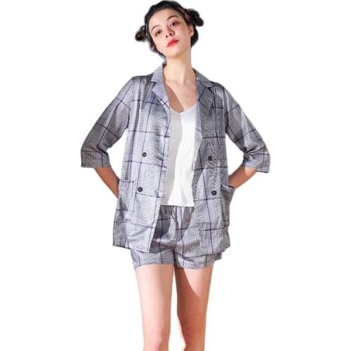 S030 Fashion Plaid Short Sleeve Womens Pajama Set