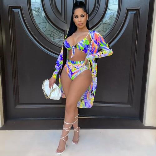 2021 Summer Casual Fashion Women Slimming Street Sexy Slim Beach Print V-Neck Cape Bikini Split Swimsuit Three-Piece Set