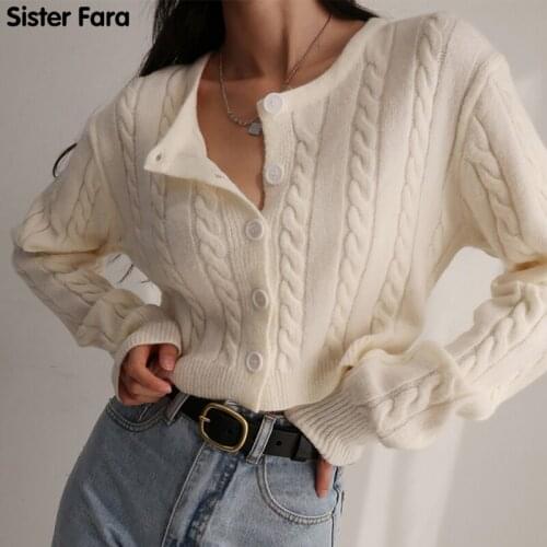 Sister Fara Autumn O-neck Full Sleeve Women Knitted Tops Winter Single-breasted Twisted Striped Sweaters Cardigans Ladies 2021