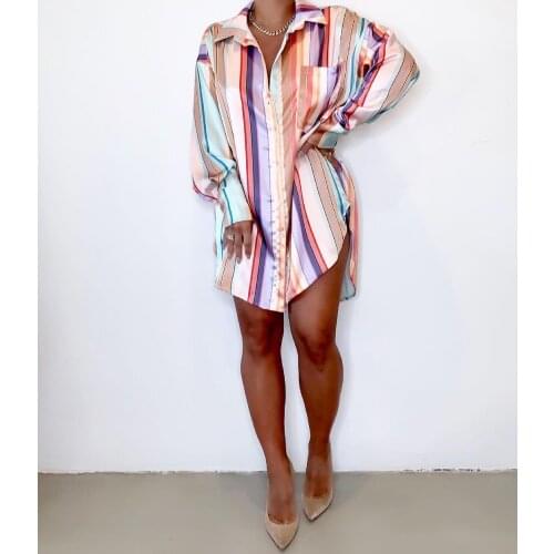 Elegant Colorful Striped Print Satin Shirt Dress Women New Autumn Turn Down Collar Long Sleeve Irregular Mini Women Dress Robe