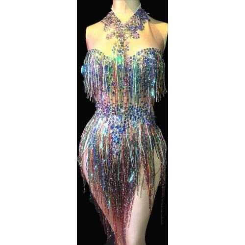 Colorful Fringes Rhinestones Bodysuit Women Stage Dance Costume Nightclub Dance Female Singer Show Bright Leotard