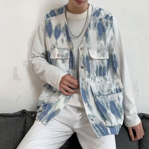 Mens Denim Vests Hip Hop Tie Dye Cargo Waistcoat Summer V Neck Loose Pockets Sleeveless Jacket Streetwear Casual Vest Outerwear