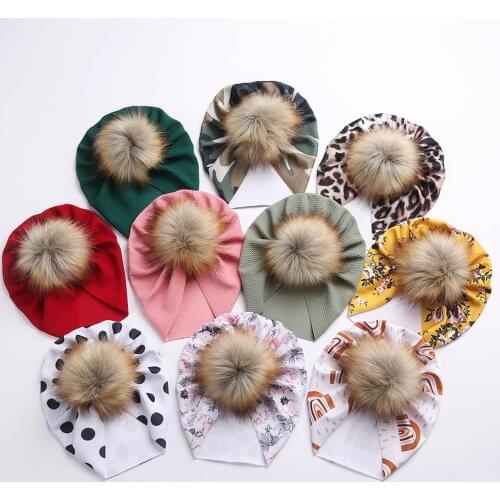 10Pcs/Lot Rainbow Flower Print Baby Girl Turban Hats Soft Fake Fur Big Pompom 0-2T Caps for Boy Beanies Newborn Headwraps