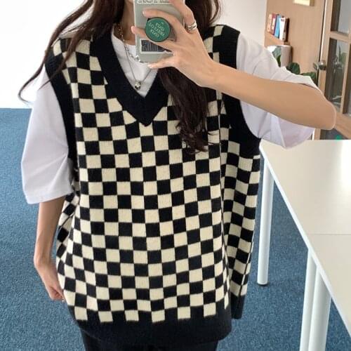 3Colors 2021 autumn and winter Korean style v neck Vintage knitted sleeveless vest sweaters womens pullovers womens (73020)