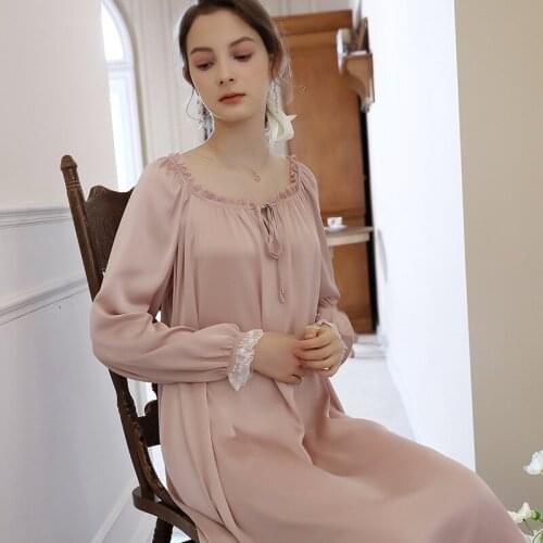 Satin Romantic Nightgown Women Autumn Ice Silk Lace Peignoir Nighty Long Sleeve Night Dress Victorian Vintage Princess Sleepwear