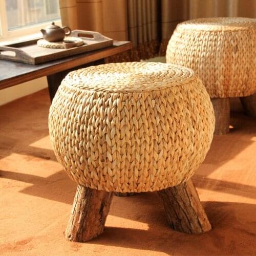 Rustic Rattan Handmade Comfort Footstool Household Multi functional Wooden 3 Leg Wicker Ottoman Footrest Shoe Chair Bench