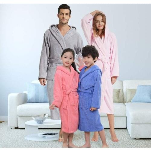 Winter Solid Family Robe For Adult Boy Girls Hooded Toweling Terry Robe Cotton Bathrobe Soft Sleeprobe Kids Casual Homewear