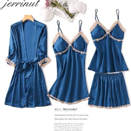 Jerrinut 5PCS Silk Stain Pajamas Sets Pyjama Women Sleepwear Sets Homewear Pyjama Nightwear lingerie lace winter pyjamas
