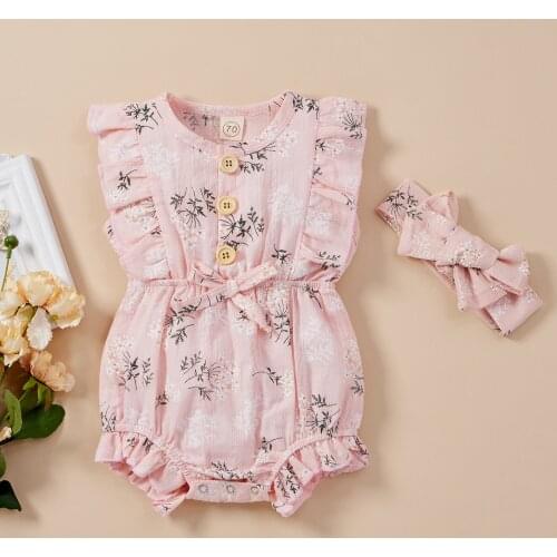 Sweet Summer Newborn Baby Girls Clothes Floral Printed Casual Ruffle Sleeveless Button Jumpsuit+Headband 2PCS Little Baby Outfit