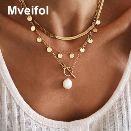 Bohemian Baroque Pearl Multi Layered Necklace for Women Fashion Snake Chain T Bar Geometric Choker Necklace Statement Jewelry