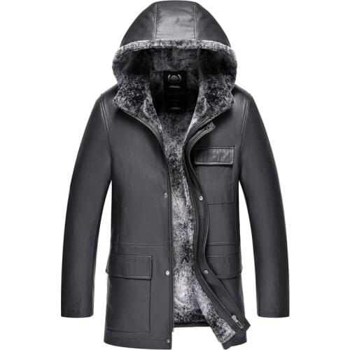 New Fashion Men Jacket Ecological Snow Rabbit Fur Winter Jacket Men Hooded Mens Long Leather Fur Collar veste homme, M-4XL